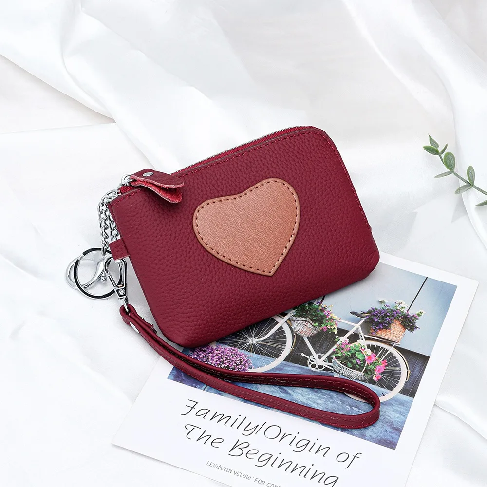 Ladies Genuine Leather Heart Decor Zipper Coin Wallet Portable Keychain Wrist Strap Multi Compartment Card Coin Purse