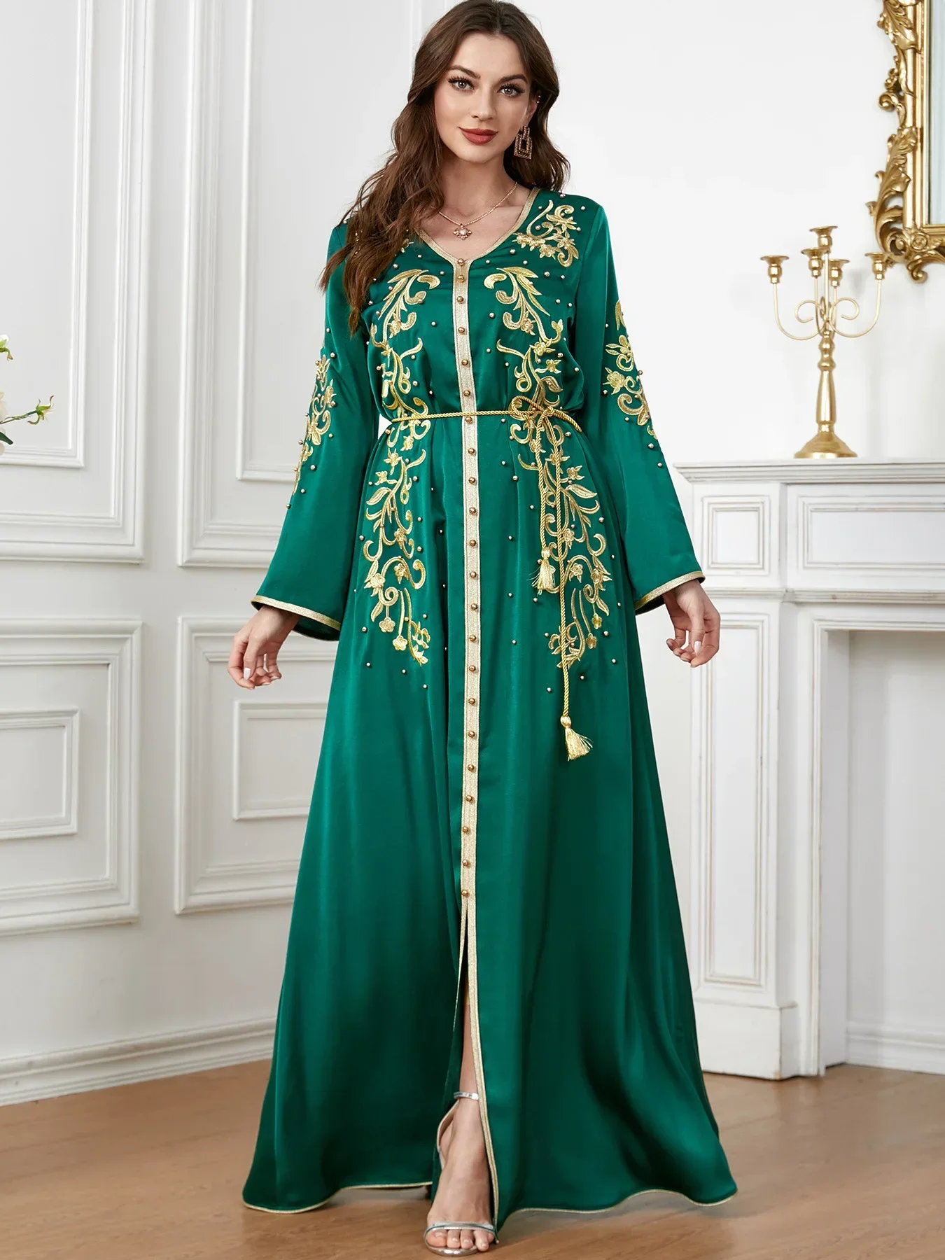 Beads Abaya Muslim Women Maxi Dress Embroidered Kaftan Dubai Turkey Party Gown Islamic Clothing Ramadan Eid Robe Jalabiya Caftan