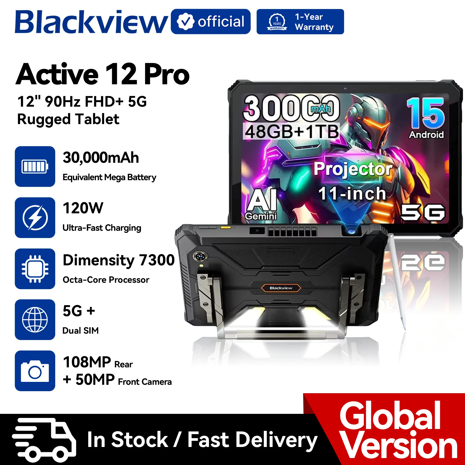 Blackview Active 12 Pro Rugged Projector Tablet 11" Android 15 5G Tablet Dimensity 7300 36GB RAM 256GB 30000mAh 120W