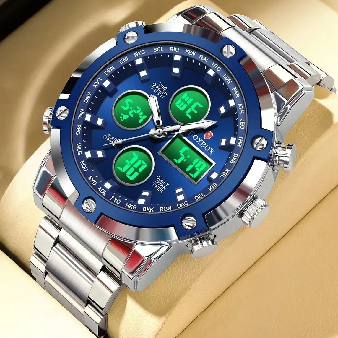 FOXBOX 2026 electronic men's watch LED dual display quartz fashion waterproof male watch luxury alarm clock military watches men