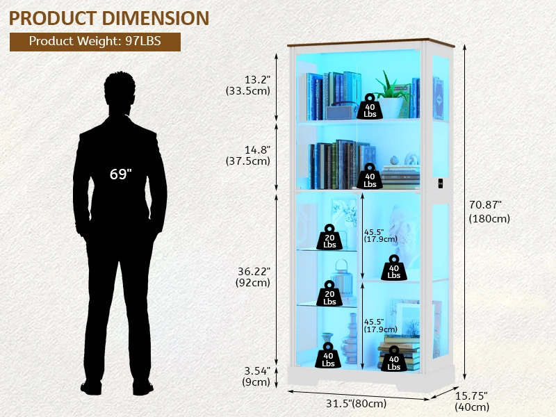 خزانة عرض مقاس 71 بوصة بأبواب زجاجية، وخزانة تحف حديثة مع 3 أضواء ملونة، وحافظات عرض زجاجية مكونة من 7 طبقات للمقتنيات،