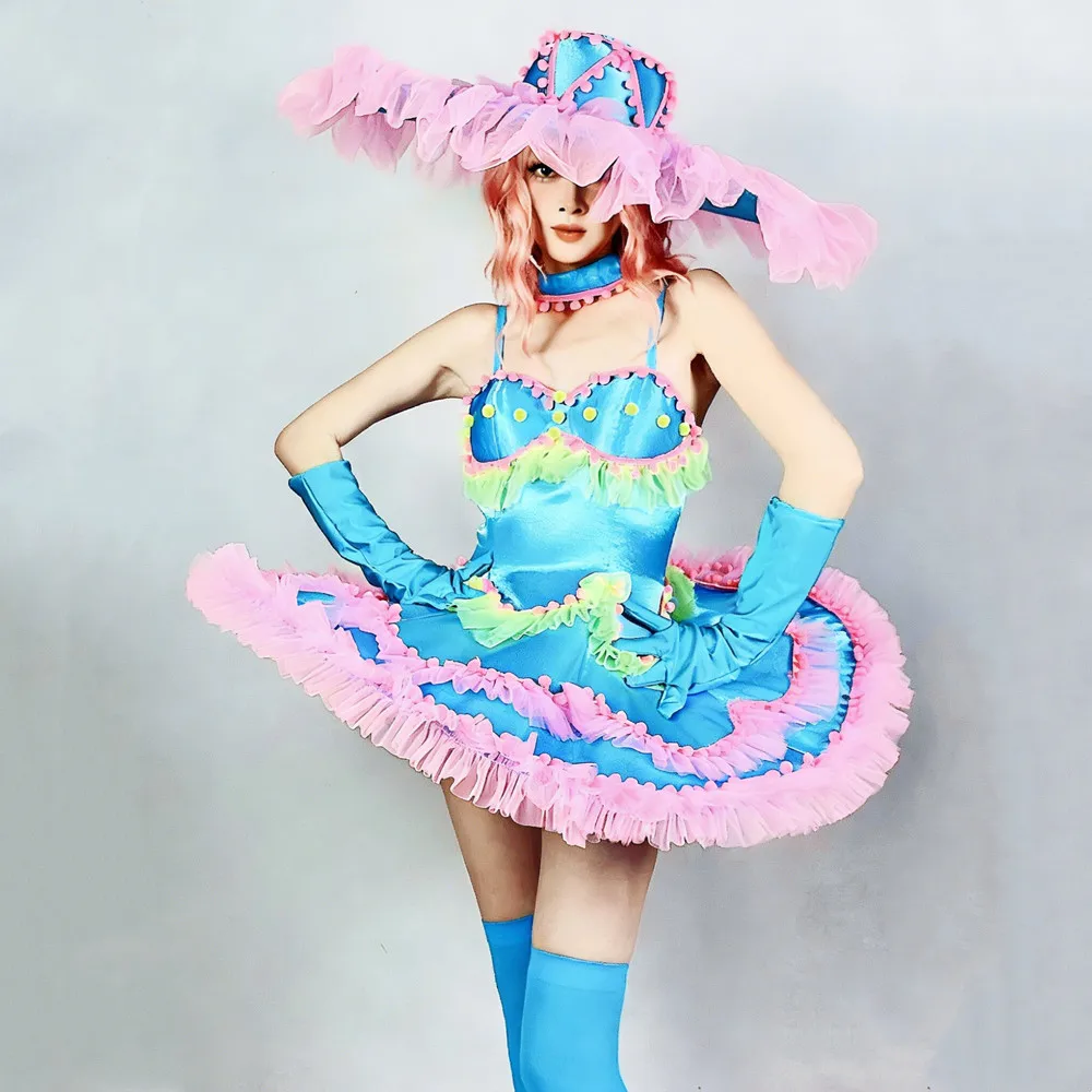 Pink Blue Bubble Sling Dress Women Dance Team Festival Event Performance Outfit Bar Party Concert Singer Group Stage Costume