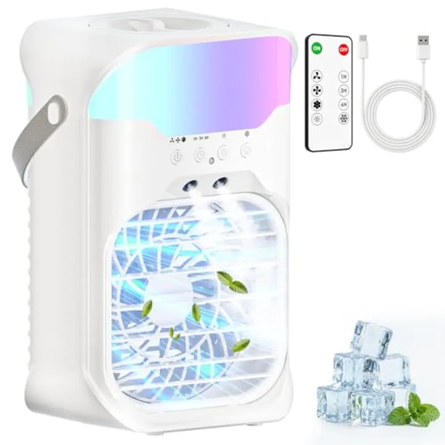 

Portable air conditioner for bedroom office camping, evaporative mini AC unit with dual nozzles, white plastic housing, 3 speed