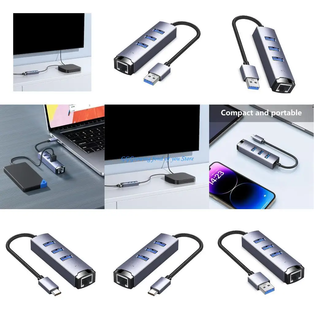 

H9EB MultiDevice Compatible USB3.0 Hub USB/Type C to Ethernet Adapter,Quick File Transfer for Home Office Use Stable Internet