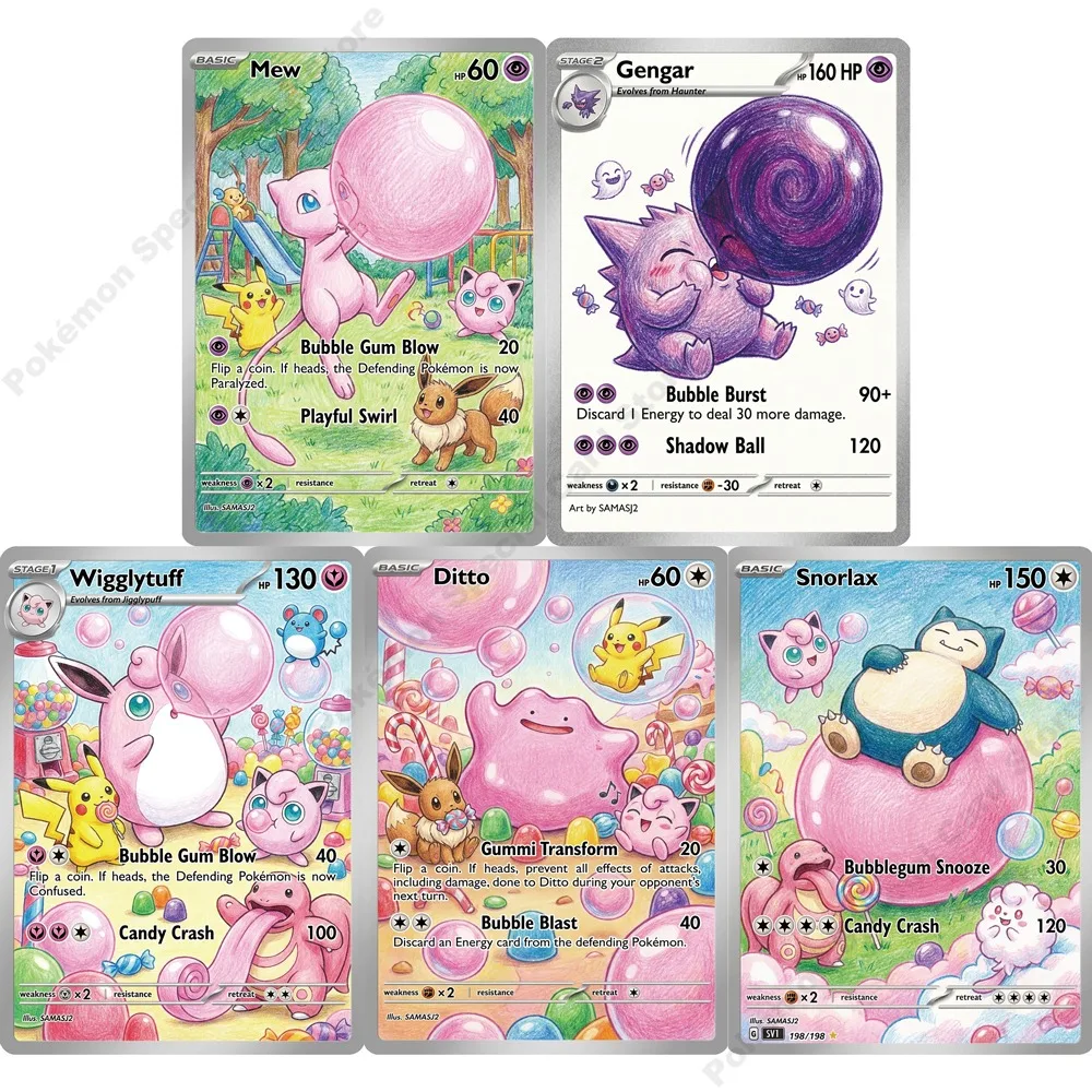 5Pcs Pokemon Cards Gengar Mew Ditto Snorlax Wigglytuff Blow Bubble Gum Series PTCG Collection Cards Rare Holo Cards Pokemon Gift