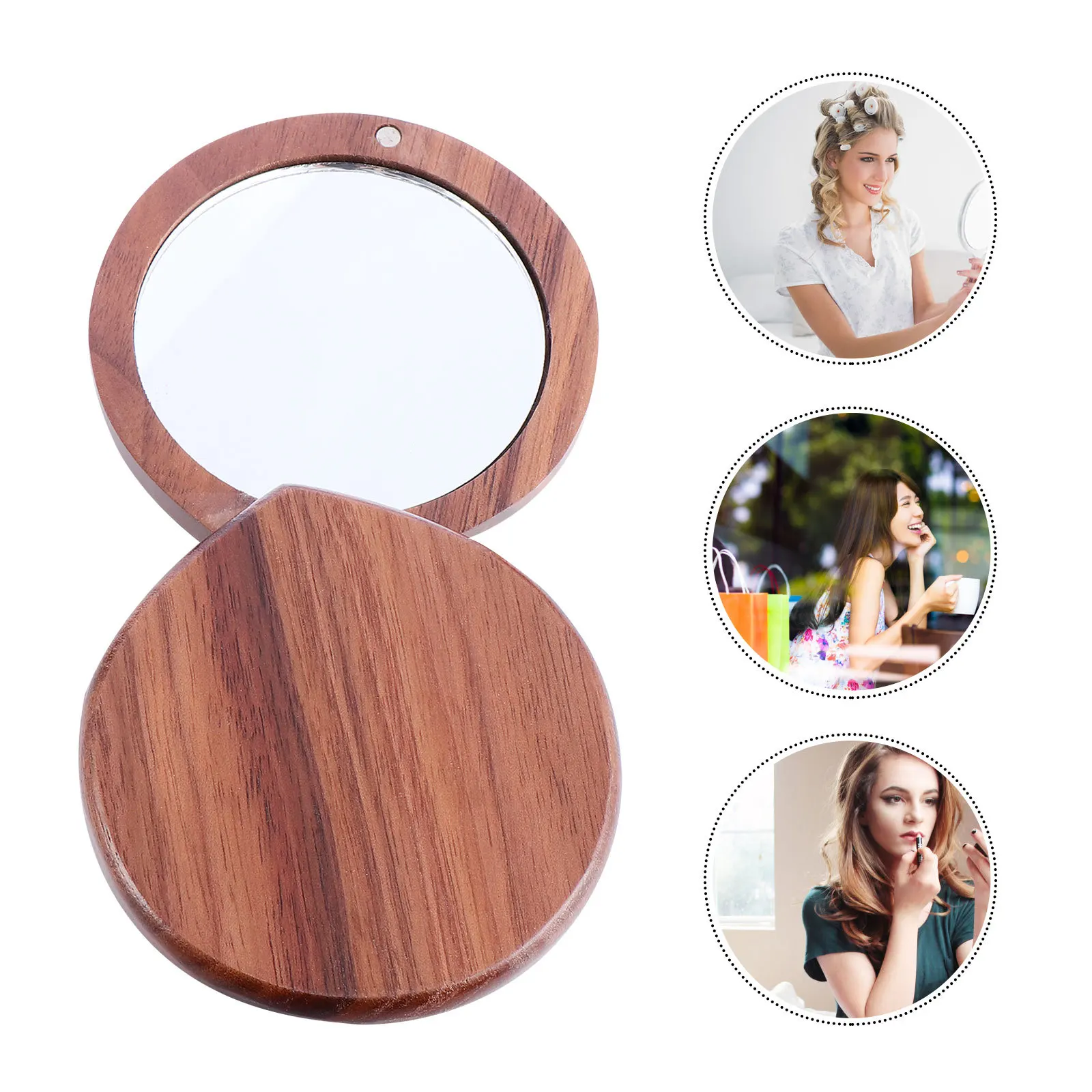 1pc Portable Makeup For Women Girls Lightweight Travel Desktop Mini Walnut Mini Walnut Mirror Shape Mirror