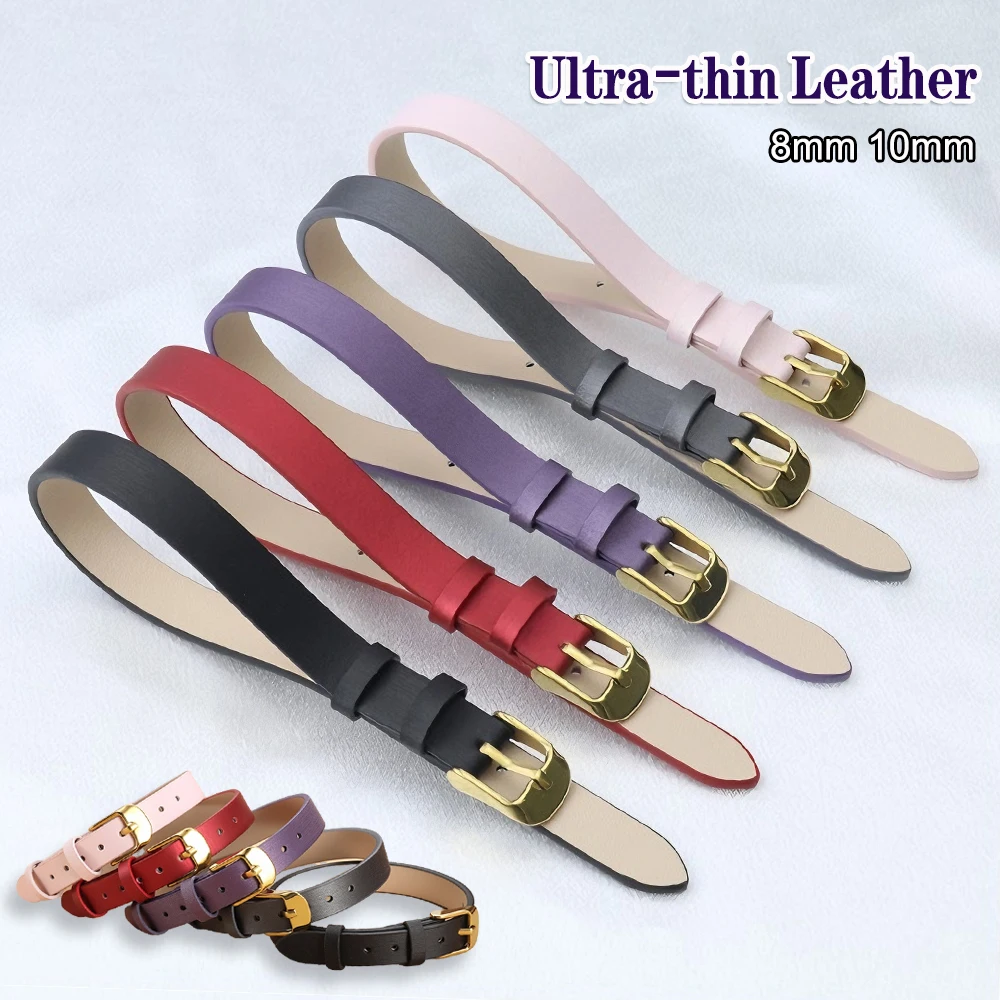 New Ultra-thin Silk Leather Watch Strap 8mm 10mm One Piece Bracelet Gold Buckle Soft Small Size Wrist Band Women Men Watchband
