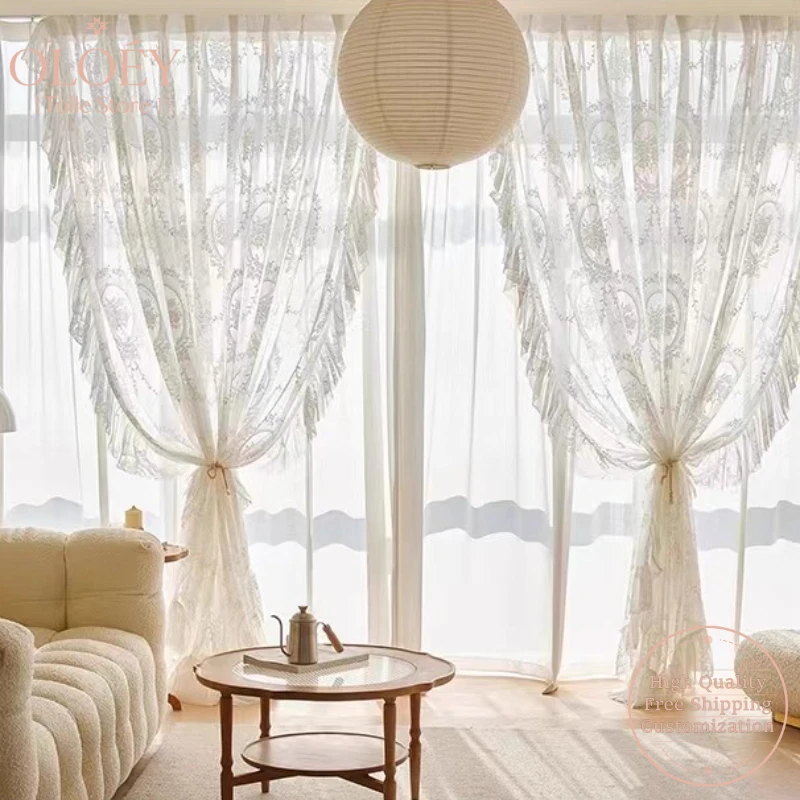 

French White Sheer Curtains Lace Voile Panels Light Diffusing Drapes for Balcony Living Room Bedroom Simple Modern Cottage Style