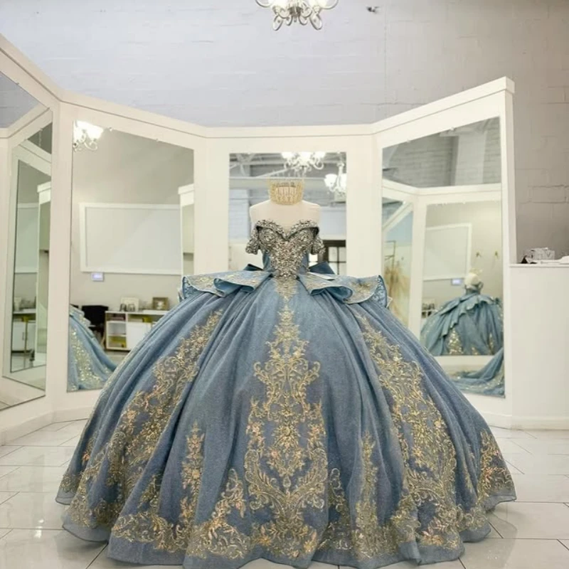 맞춤형 반짝이는 블루 킨세아녜라 드레스 오프 숄더 골든 글리터 데칼 레이어링 보우 롱테일 베스티도 15 킨세아녜라