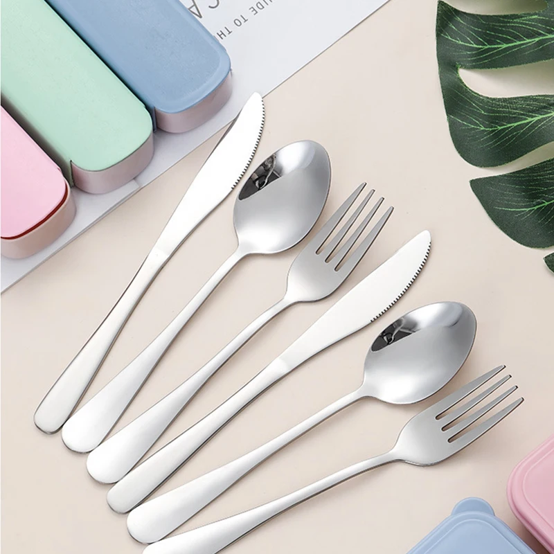 

Portable Cutlery Set Stainless Steel Spoon Knife Fork With Storage Box School Travel Camping faltware New Year Christmas Gift