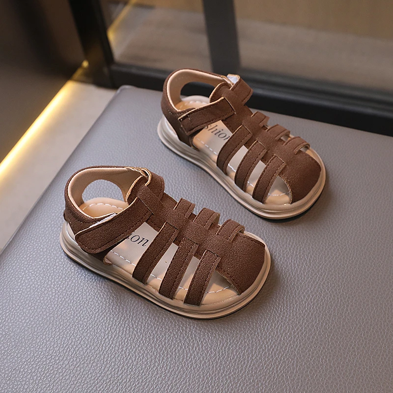 New Kids Sandal Toes-covered Summer Sandals for Girls Solid Color Causal Children's Cut-outs Woven Beach Sandals Thick Bottom