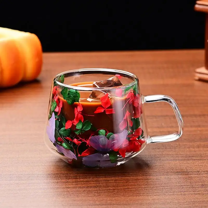 Dried Flower Double Wall Clear Glass Coffee Mugs Dried Flower Decorated Coffee Cup Milk Mug Heat Resistant Tea Cups Glass Mug