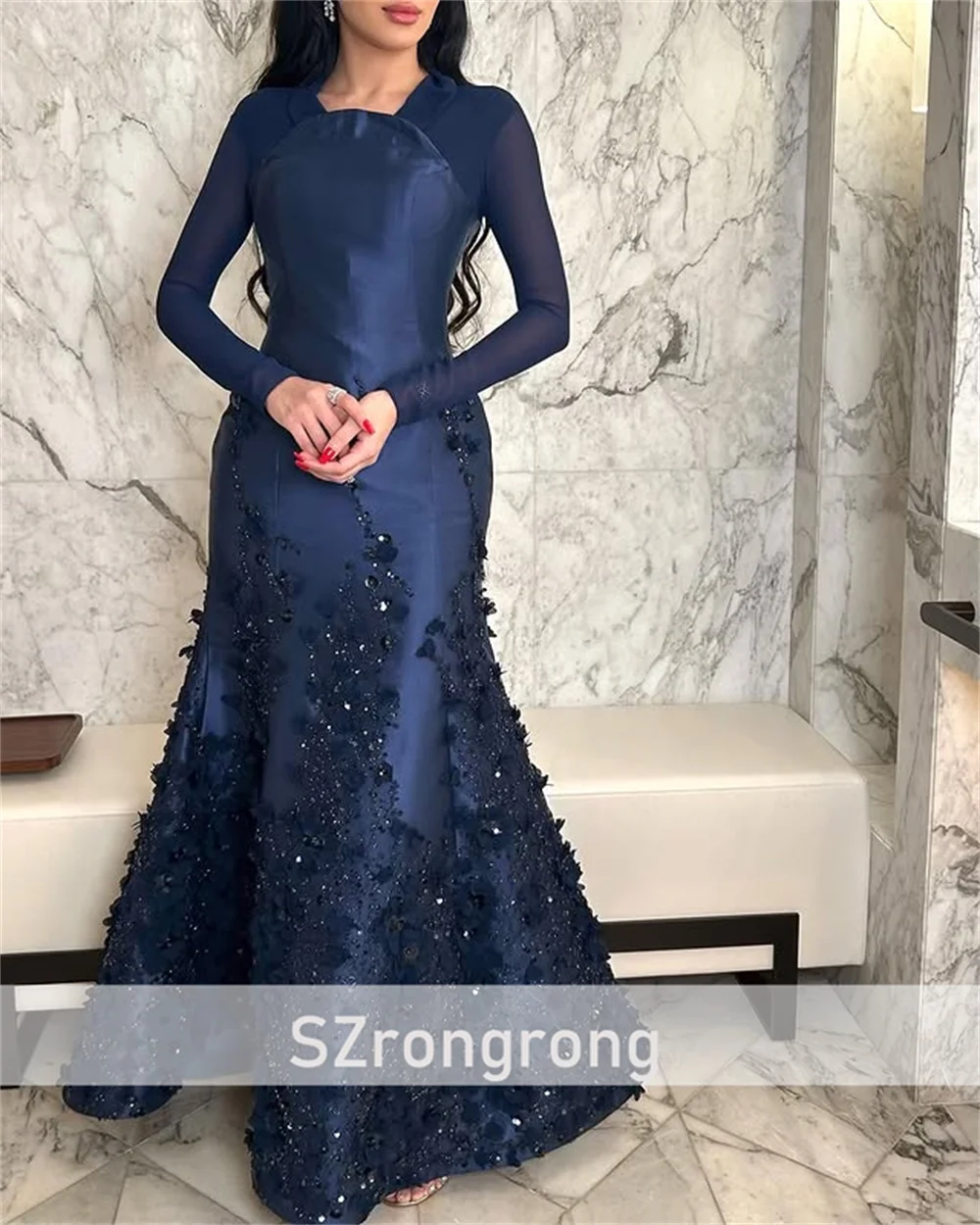 Merveilleux robe de soirée florale en Satin perlé, col rond, gaine, longueur au sol, robe de bal brillante à manches longues, arabe saoudien, personnalisée