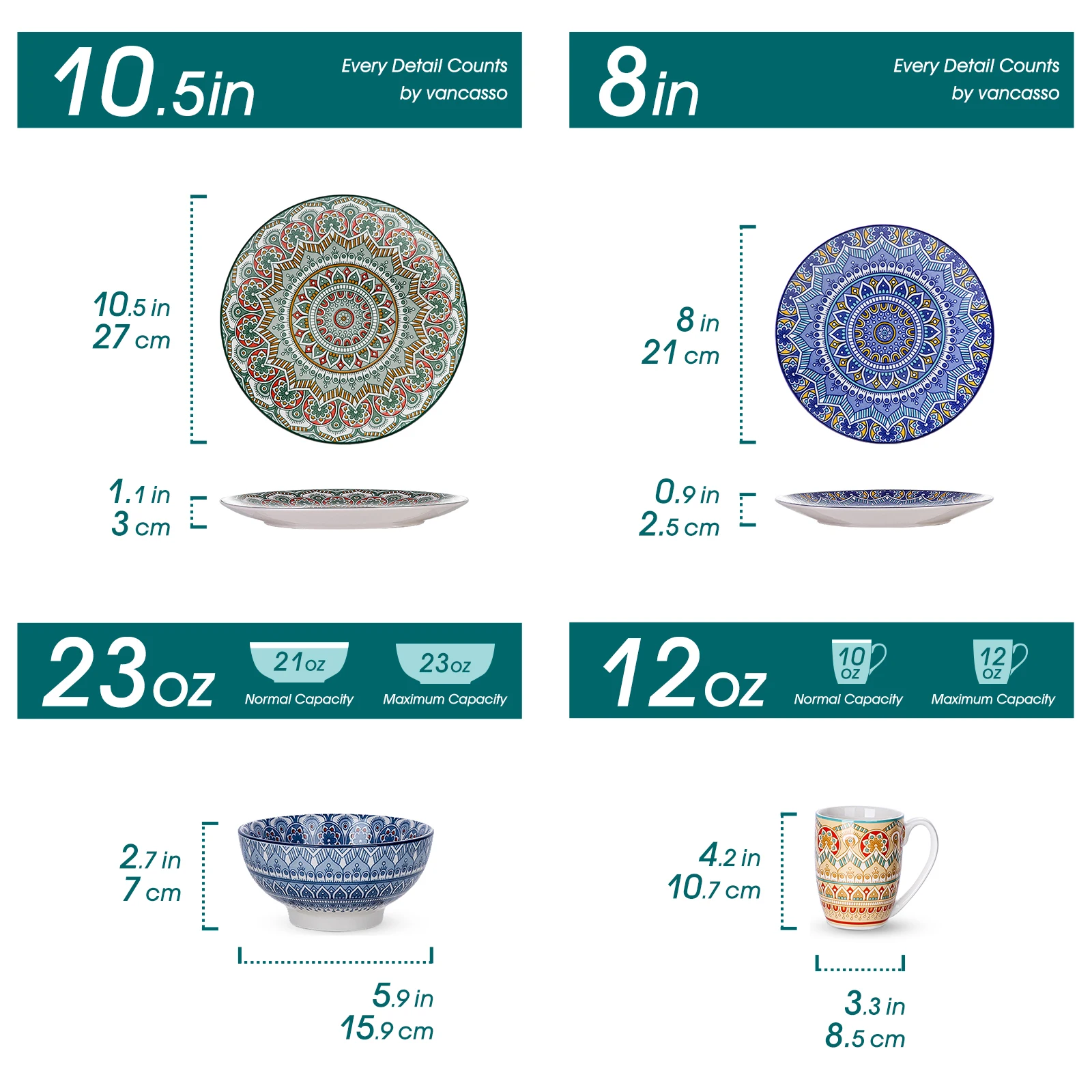  16/32/48-PCS Ceremic Plate Porcelain Dinnerware Set Bohemian Mandala Patterned With Dinner Plate,Dessert Plate,Bowl,Mug