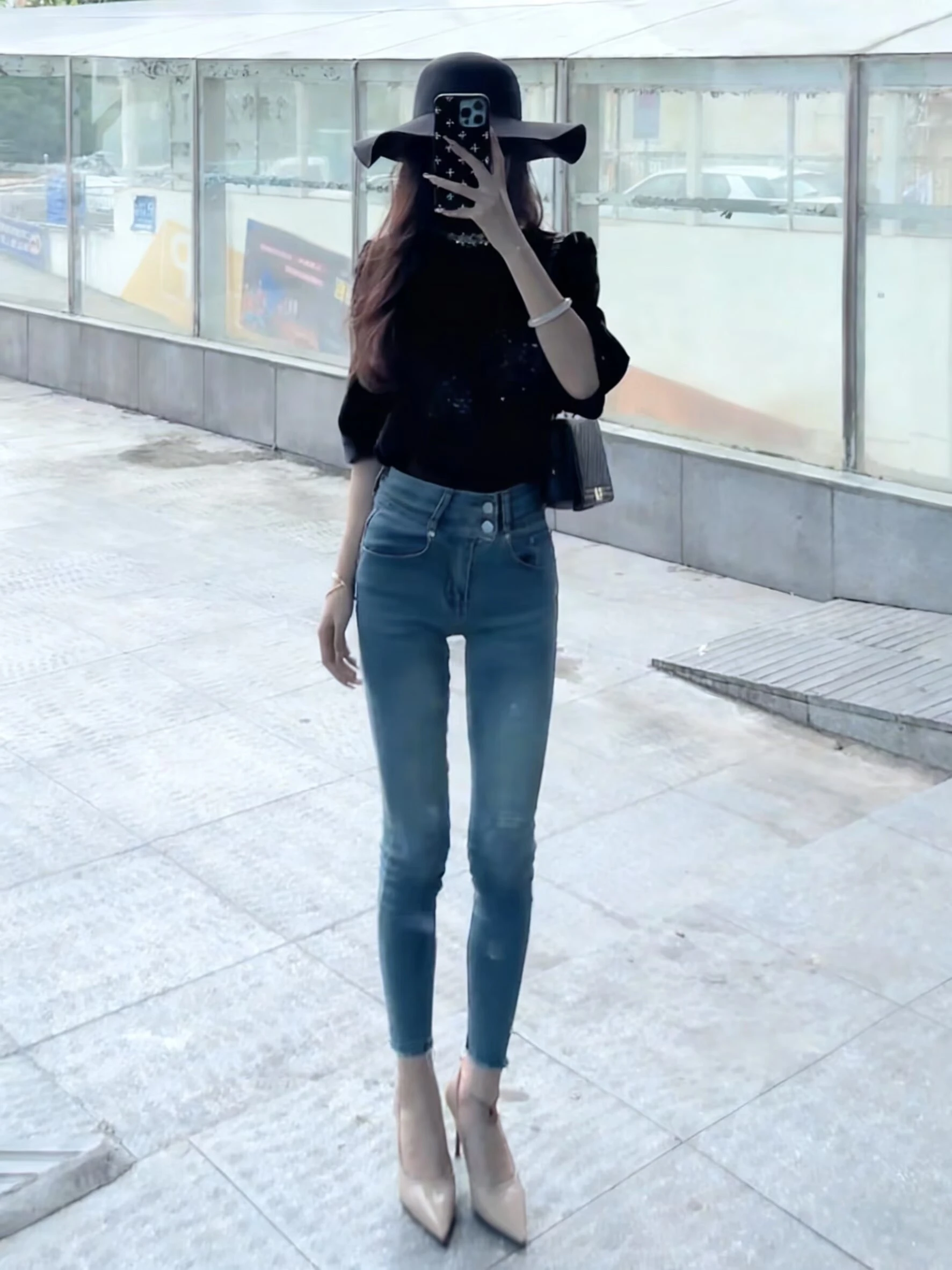 

Retro Waed Denim Jeans Women's High Waist Elastic Butt Lifting Slimming Nine Point Small Foot Pants Cotton Stretch Denim