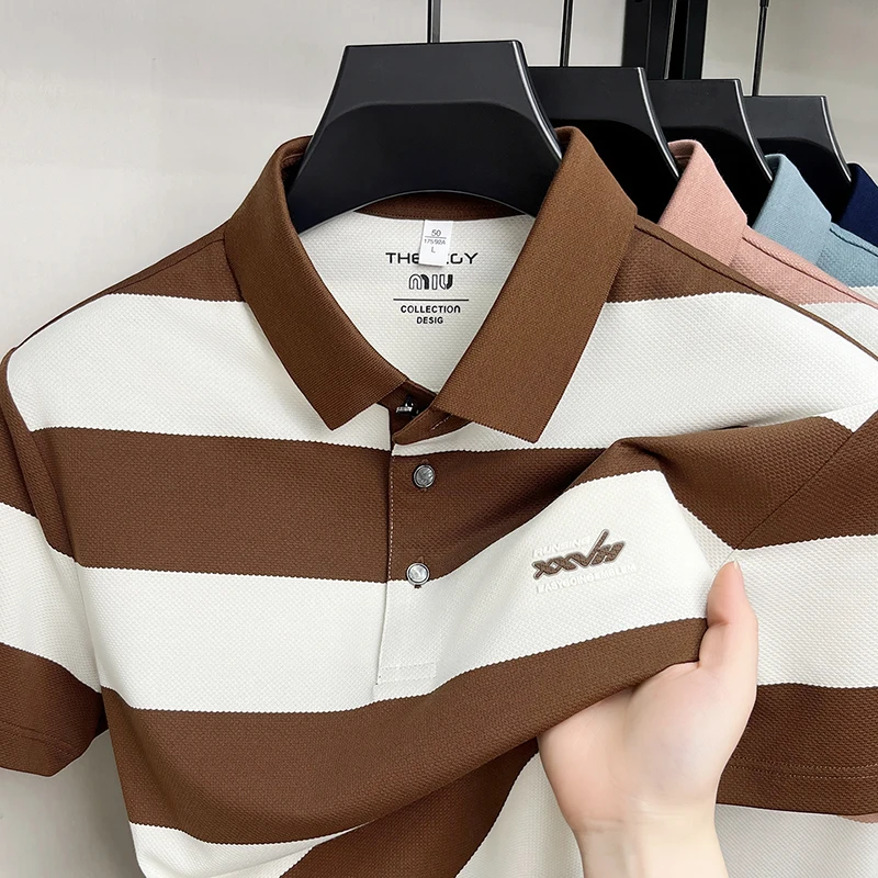 Luxury striped color blocked short sleeve polo shirt men's high-end brand embossed casual summer breathable lightweight T-shirt