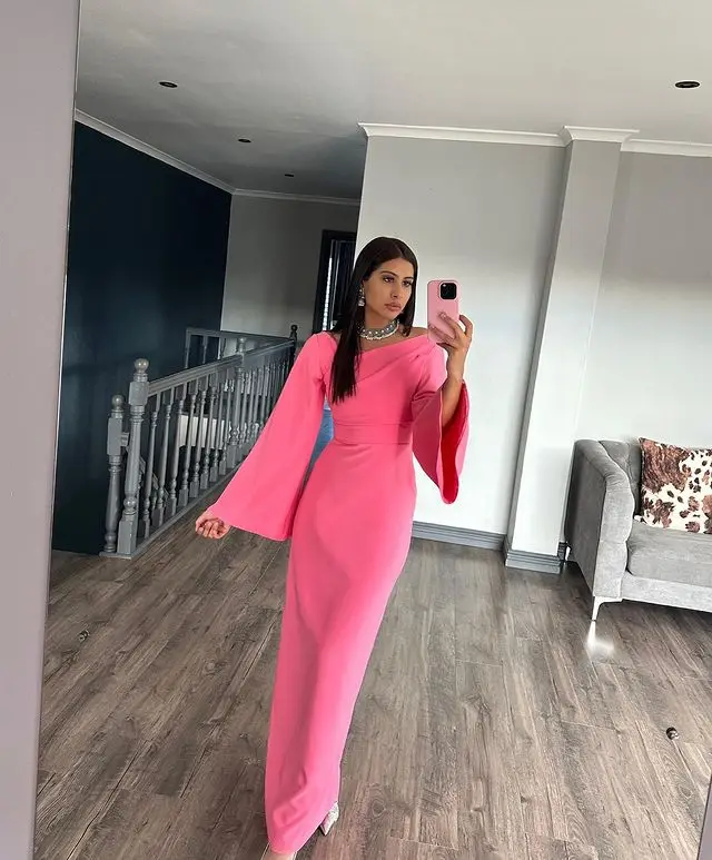 Msikoods Saudi Arabic Pink Women Party Formal Evening Dresses Flare Sleeve Women Prom Dress Celebrity Occasion Gowns Customized