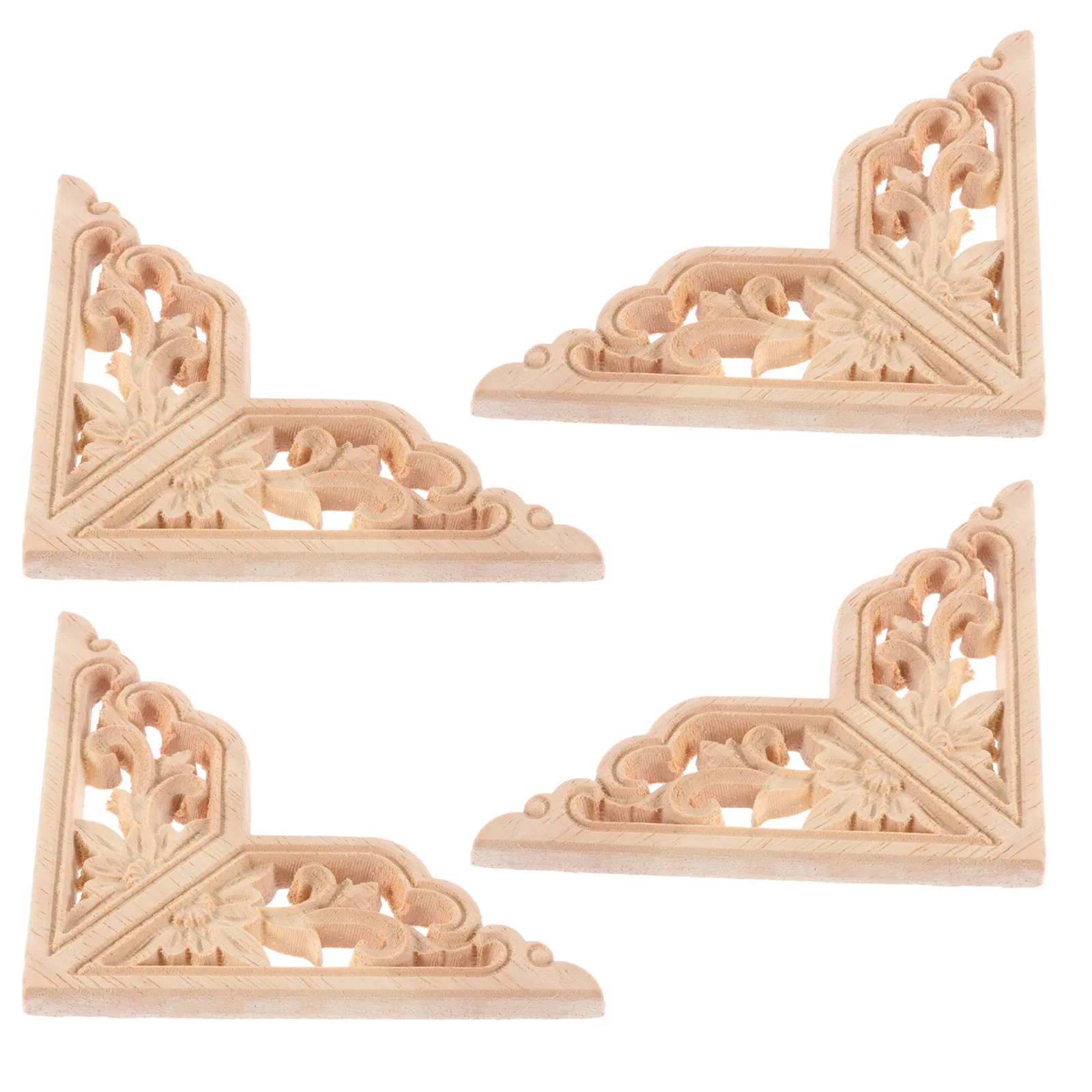 

4 Pcs Solid Wood Decals Furniture Stickers Decorative Carved Onlay Appliques Wooden Decor Elegant Pattern for Door Wardrobe DIY