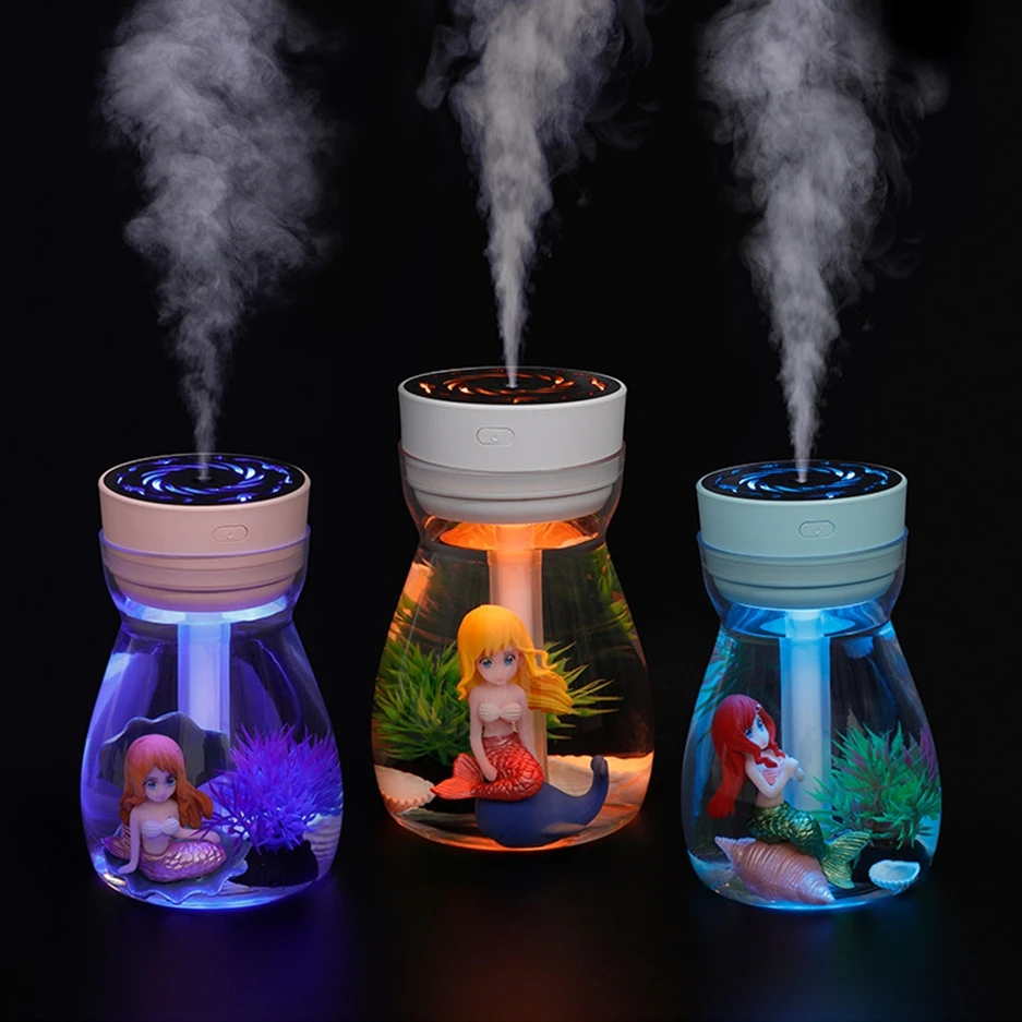 

Mini Portable Air Humidifier Mermaid Landscape USB Mist Sprayer Aroma Oil Diffuser with 7 Colors Light Household Air Purifier