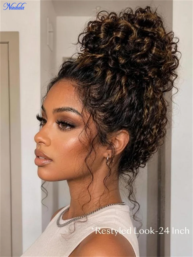 Nadula 100% Human Hair Wig 7x5 HD Transparent Lace Golden Brown Pre Colored Drawstring Glueless Wig Water Wave Pre Bleached Tiny Knots Pre Plucked Put and Go Human Hair Wig for All Heads Size Density 180%