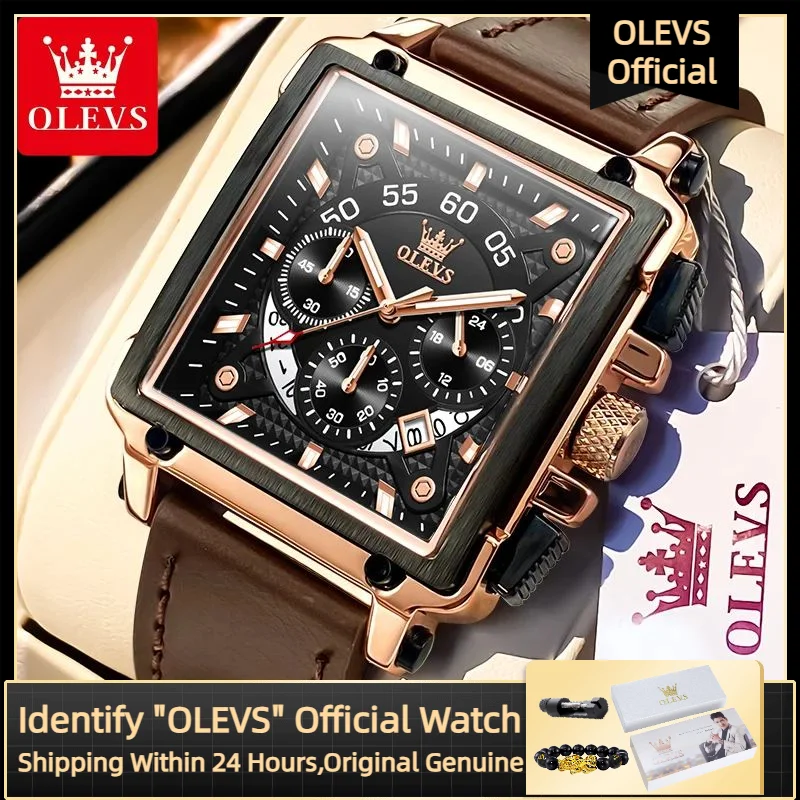 

OLEVS 9919 Роскошные мужские кварцевые часы с хронографом и датой, кожаный ремешок с квадратным многофункциональным циферблатом, мужские наручные часы