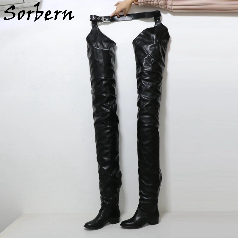 Sorbern Customized 110Cm Crotch Boots Unisex 130Cm Outside Low Heels Fetish Boot With Belt Round Toe Square Heel Multi Color