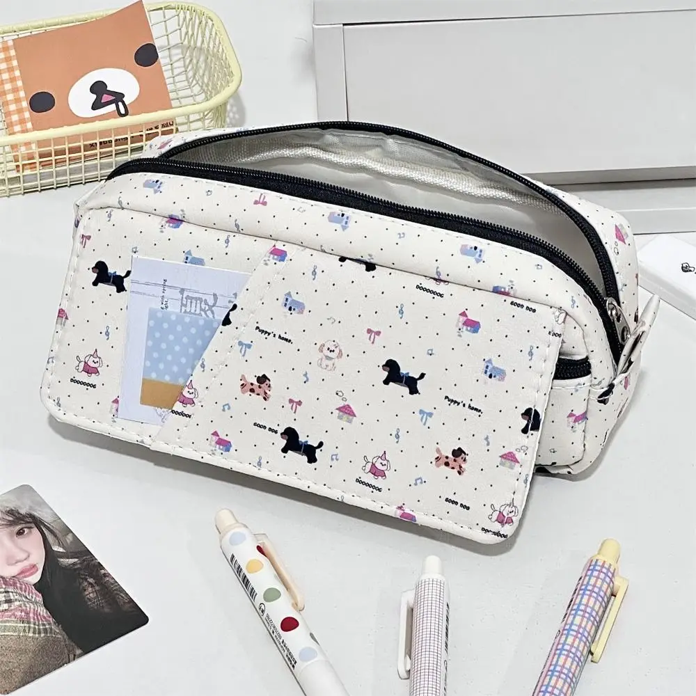 Bolsa para bolígrafos de perro salchicha de dibujos animados, bolsa de papelería multicapa de gran capacidad, estuche de lápices portátil con diseño abatible para volver a la escuela