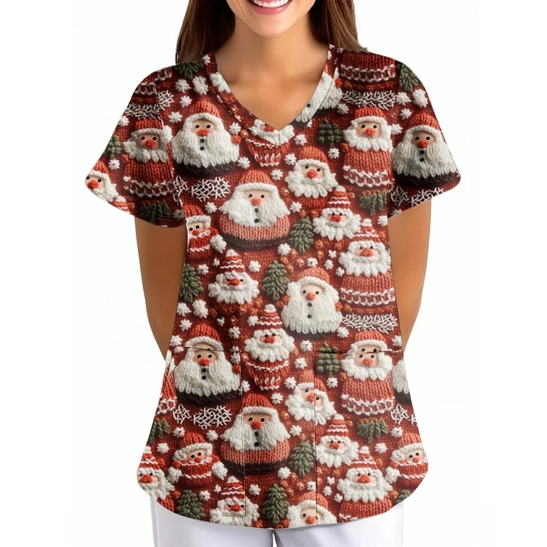 Uniforme hygiénique imprimé bonhomme de neige pour femmes, col en v, manches courtes, poches, matériau Micro élastique, uniformes cliniques, vêtements pour femmes
