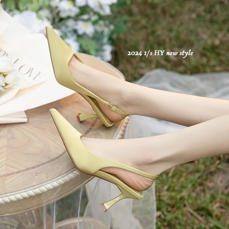 

3299-8 Elegant High Women's Thin Heels, Pointed Sandals, Headband, Back Strap, Solid Color 2024 Spring/Summer New Edition