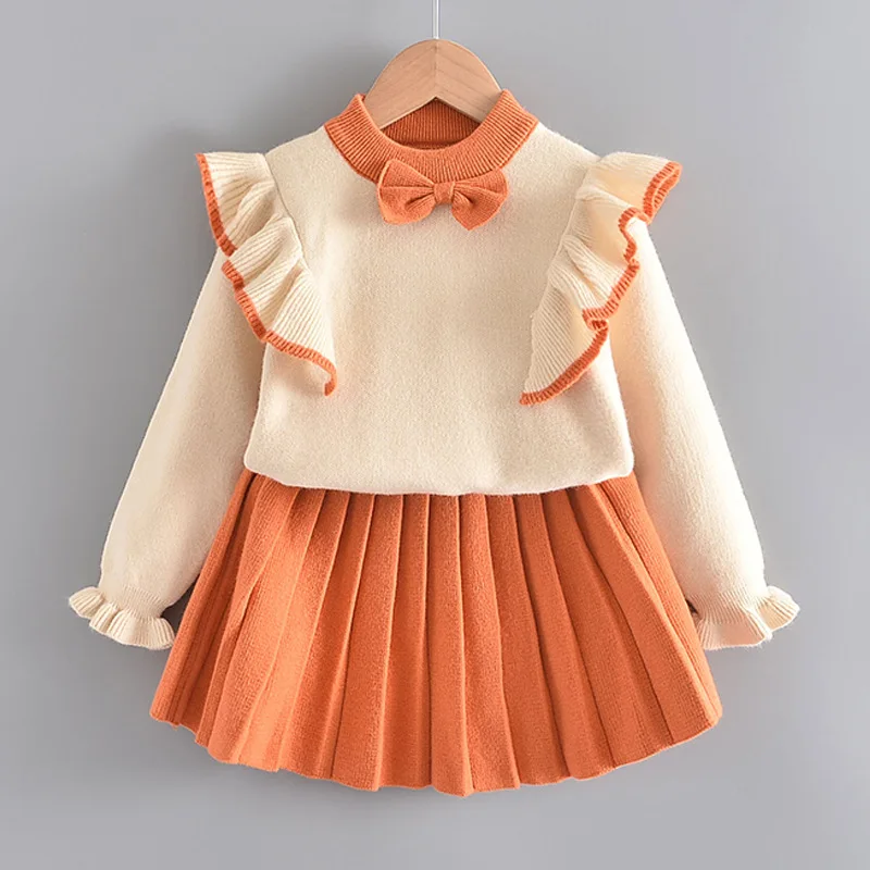 

Autumn and Winter New Kids Clothes Bow O-Neck Knitted Sweater+Pleated Skirt 2PCS For 3-8 Years Girls Sweet Cute Casual Outfits