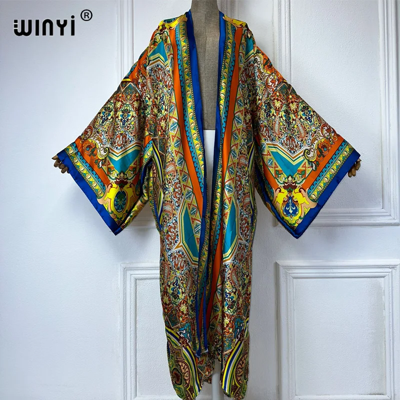 WINYI Kimono Women Bohemia print Long Sleeve Cardigan Female Blouse Loose abaya beachwear Cover Up boho dress party kaftan