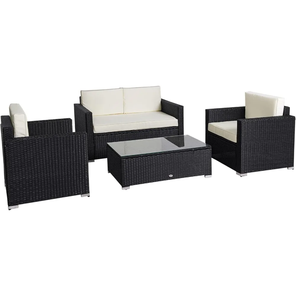 4-delige Rieten Terrasmeubilair Set Met Kussens, Buitenmeubilair Met 2 Sofa, Loveseat En Glazen Salontafel