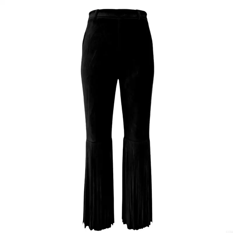 Western Fringed Faux Suedes Velvets Effect Long Pants Womens High Rise Flared Trousers Tassels Detail For Festival Party Cowgirl