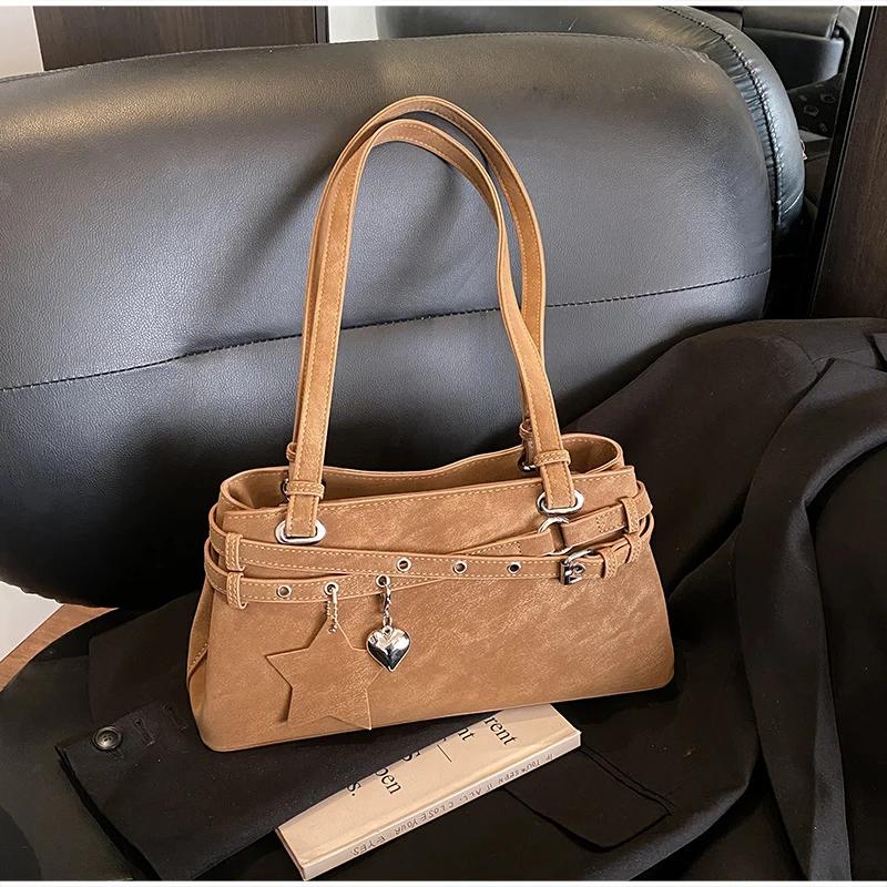 

Brand Suede Handbag Women's Stylish Belt Buckle Design With Pendant Shoulder Bag Korean High-quality Commute Zipper Underarm Bag