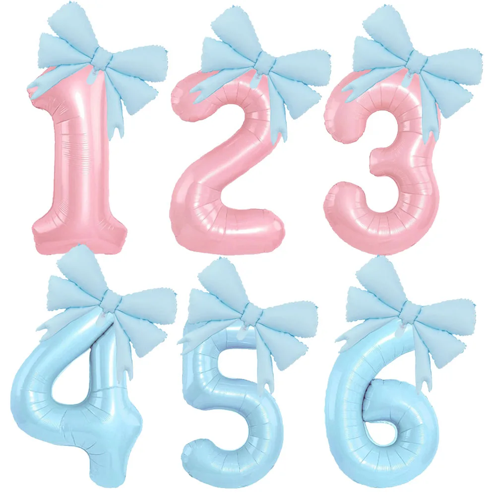 32inch Pink and Blue 0-9 Aluminum Film Number Balloons With Bows Balloons Anniversary Girls Birthday Baby Shower Party Decora