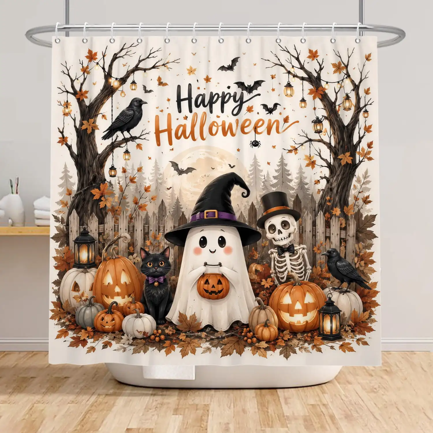 Happy Halloween Ghost Shower Curtain Pumpkins with Skeleton Fabric Bathroom Curtains Decor with Hooks 47x64 in