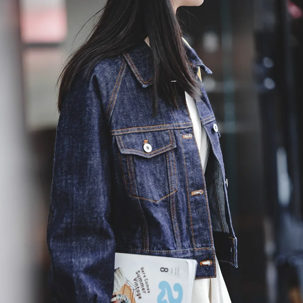 

Maden Vintage 14oz Navy Blue Denim Jacket Women's Cotton Cargo Short Jackets Orange Stitching Chore Denim Coat for Fall Winter
