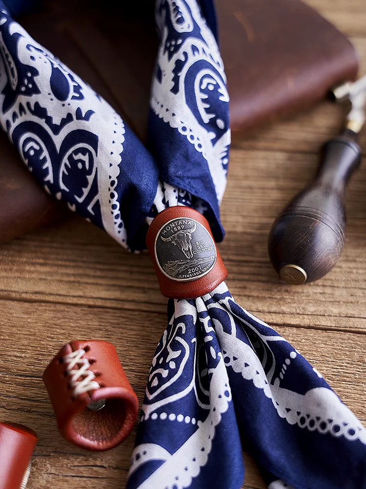 American Retro Handmade Leather Coin Scarf Button Tie Bandana Necktie Cotton Square Scarf for Men And Women in Spring Summer ...