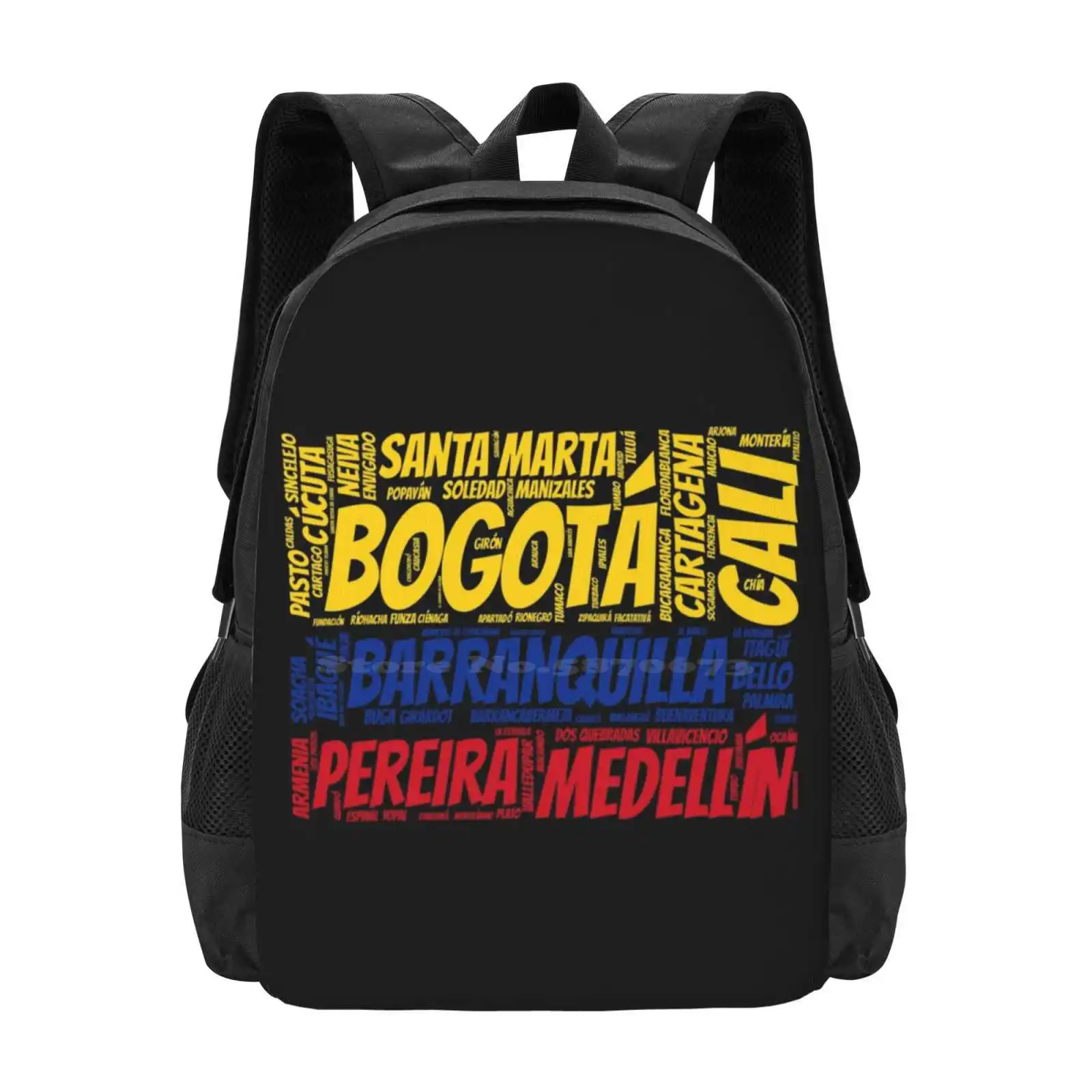 Colombia Flag With City Names Word Art Hot Sale Schoolbag Backpack Fashion Bags Colombian Flag Proud Bogota Pride Patriotic