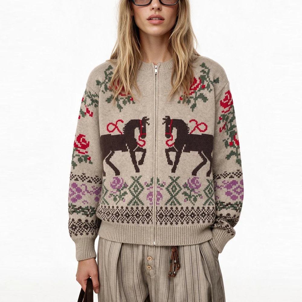 Winter Warm Womens Sweaters Knit Cardigan Vintage Nordic Horse Rose Floral Jacquard Long Sleeve Loose Fit  Sweater Jacket Coat