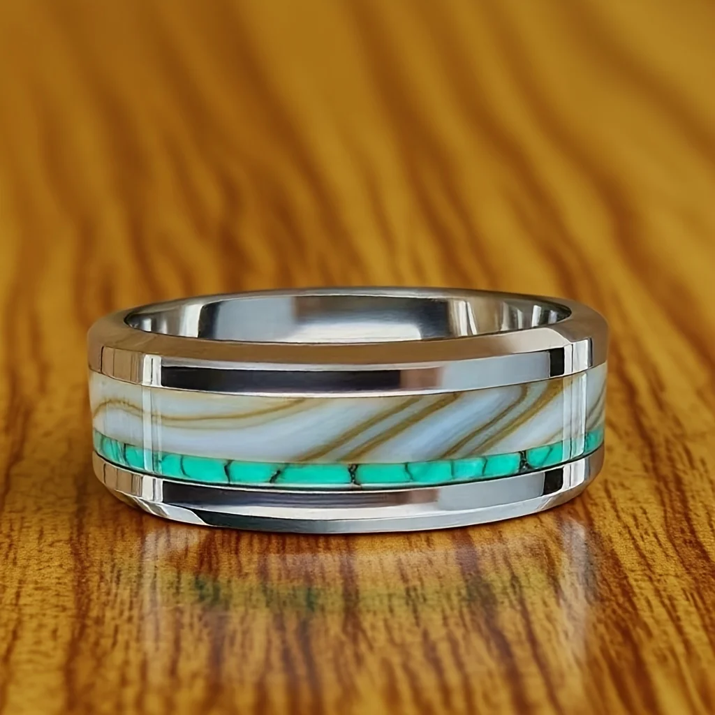 Men's Fashion 8MM Luxury Agate Stone Inlay Steel Ring Women Wedding Band Polished Stainless Steel Rings Party Accessories Gift