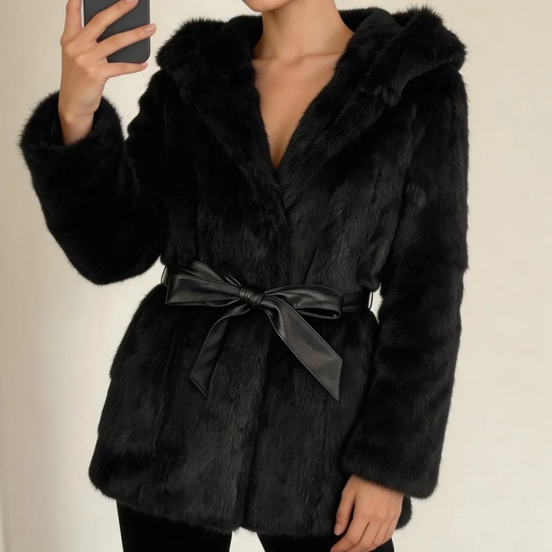 Winter New Arrival Fur Coat Women's Mid-Length Hooded Belted Luxury Rabbit Fur Leather-Integrated High-Quality Fashionable Coat