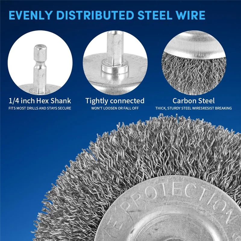 新鮮な炭素鋼ワイヤーホイールブラシワイヤーホイールドリル 1/4 インチアーバー、ワイヤーブラシクリーニング錆