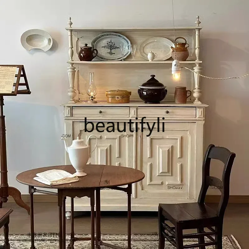 New arrive American nostalgic side cabinet medieval solid wood ivory white display locker retro shelf