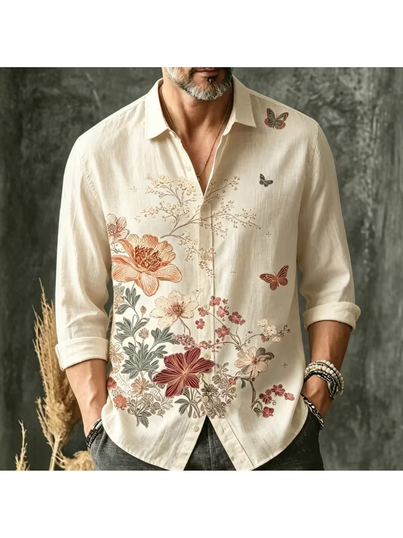 New retro floral butterfly 3D printed shirt with artistic forest style men's loose long sleeved shirt clothing