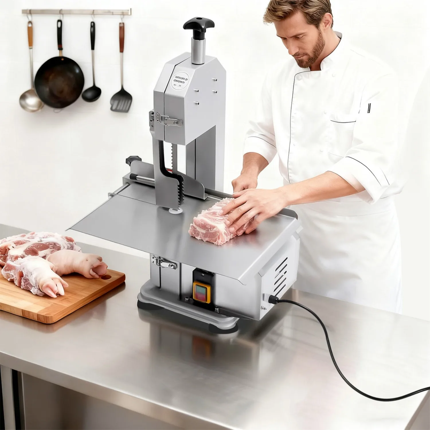 

430 Stainless Steel Commercial Bone Saw Machine 650W, 0.78-4.33in Adjustable Thickness for Cutting Ribs Pork Feet