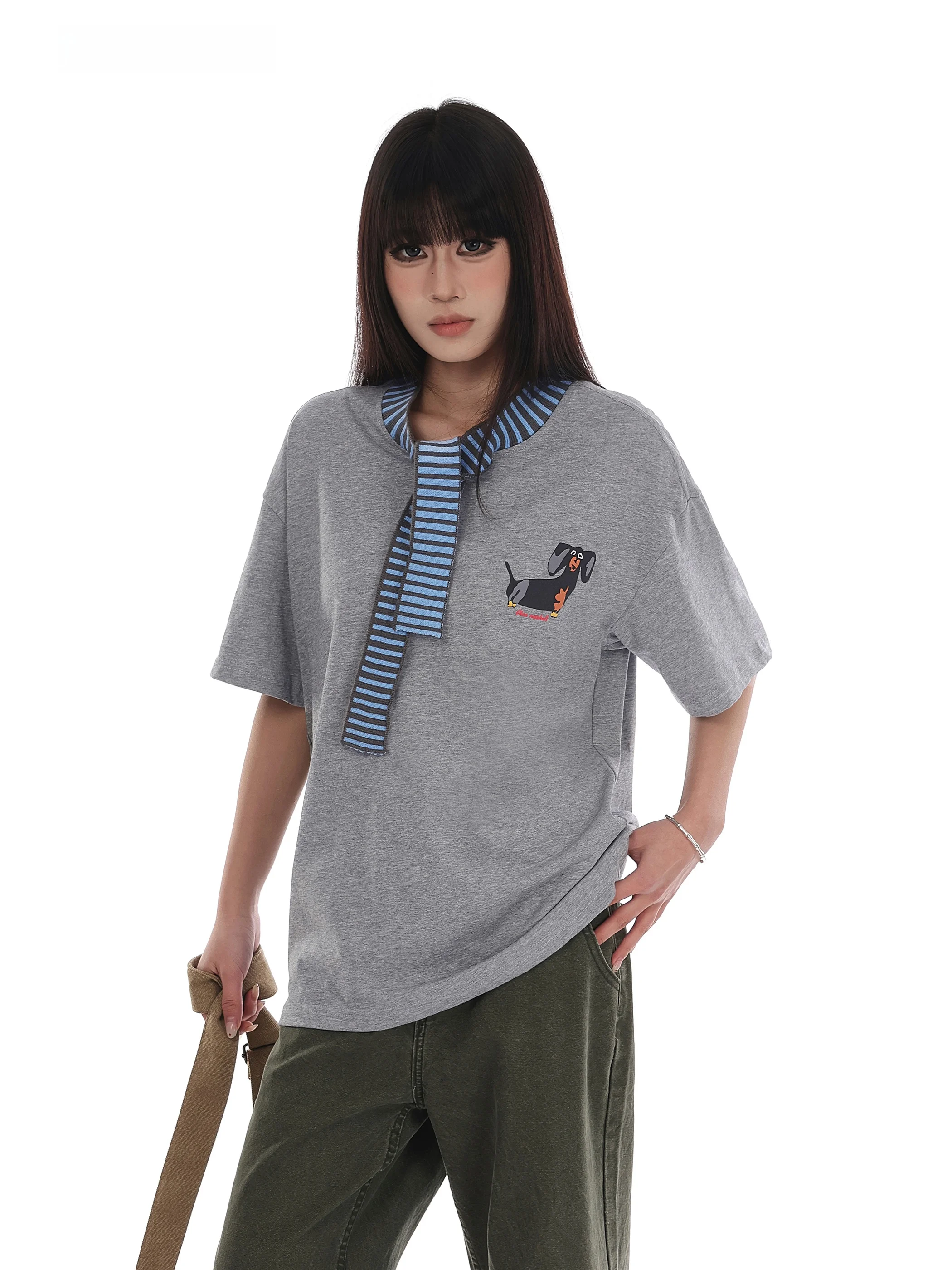 

Vinmuk Retro Patchwork Design ort Sve American Sle T-irt Women Summer Heavy Work Couple Tops Trendy Cotton Casual Wear