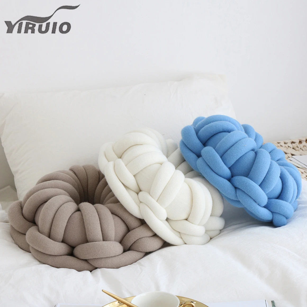 YIRUIO Nordic Style Fluffy Hand Knot Cushion Soft Cotton Office Hand Rest Bed Pillow White Pink Gray Sofa Car Back Seat Cushion