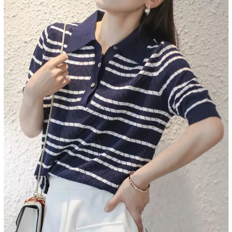 Women Trendy Hollow Out Striped Polo Collar Ice Silk Knitted T-shirt 2024 Summer Simple Casual Short Sleeve Loose Pullover Tops