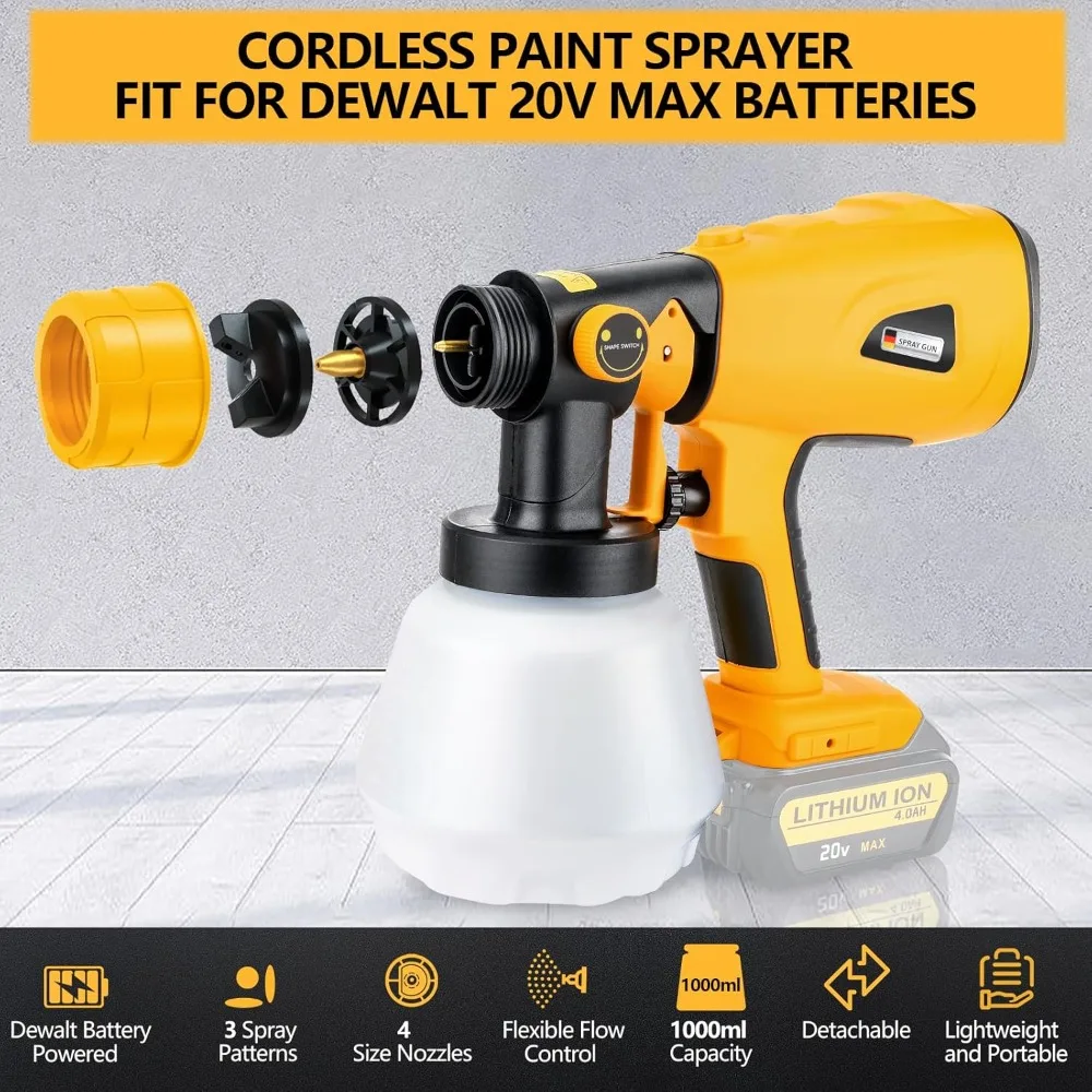 Cordless Paint Sprayer for Dewalt 18V 20V MAX Battery HVLP Wireless Electric Tool Spray Paint Gun for Home Interior and Exterior